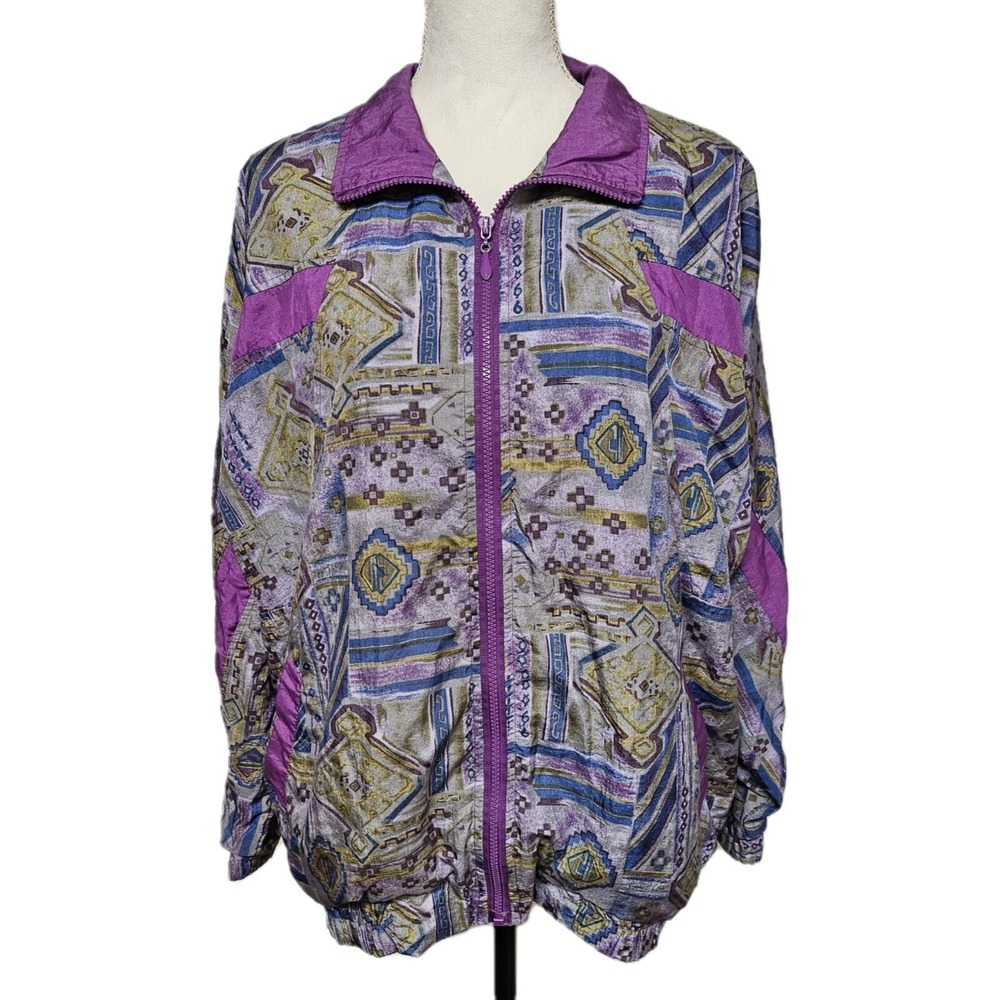 Vintage 90s 80s‎ Retro Rafael Purple Aztec Print Windbreaker Jacket Size L